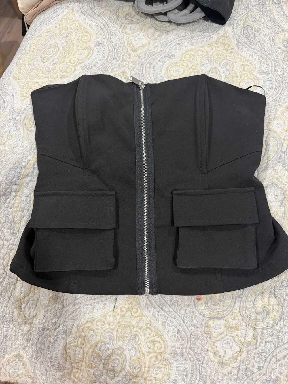 like an angel Black Strapless Zip-Front Corset Vest with Flap Pockets